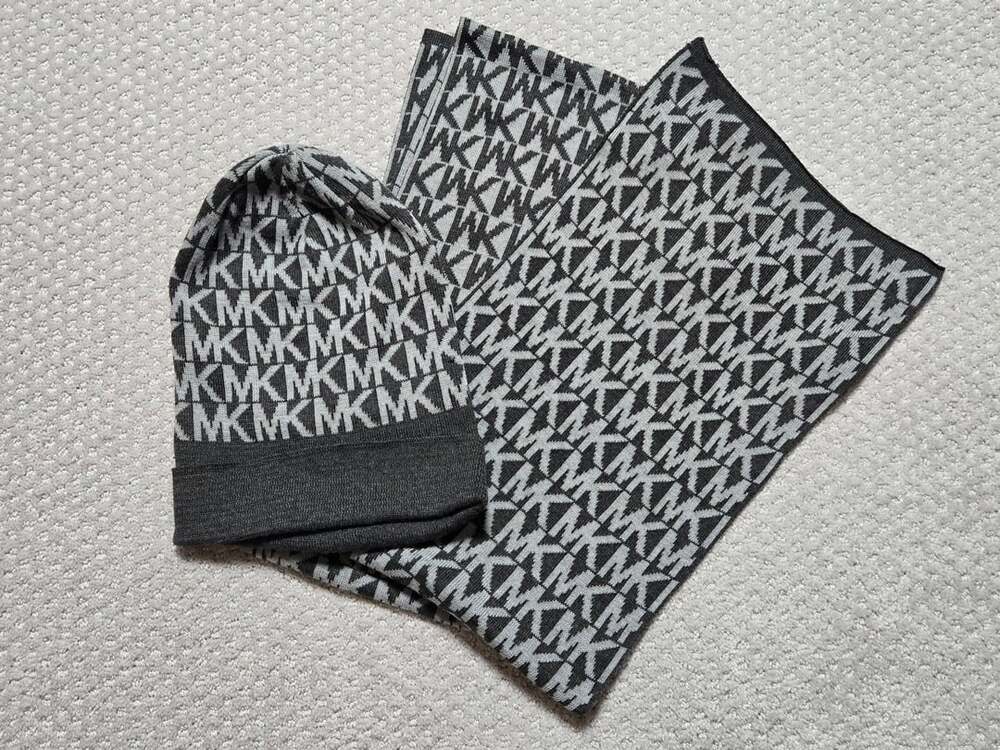 Michael Kors MK Logo Scarf And Beanie Hat Set Gray Black